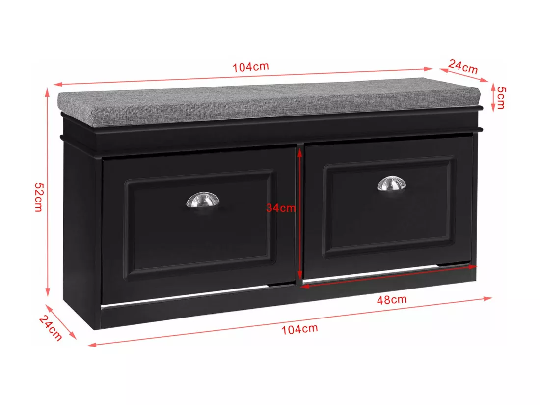Banc de rangement à Chaussures Armoire à Chaussures 2 Abattants avec Coussin – Noir, FSR64-SCH
