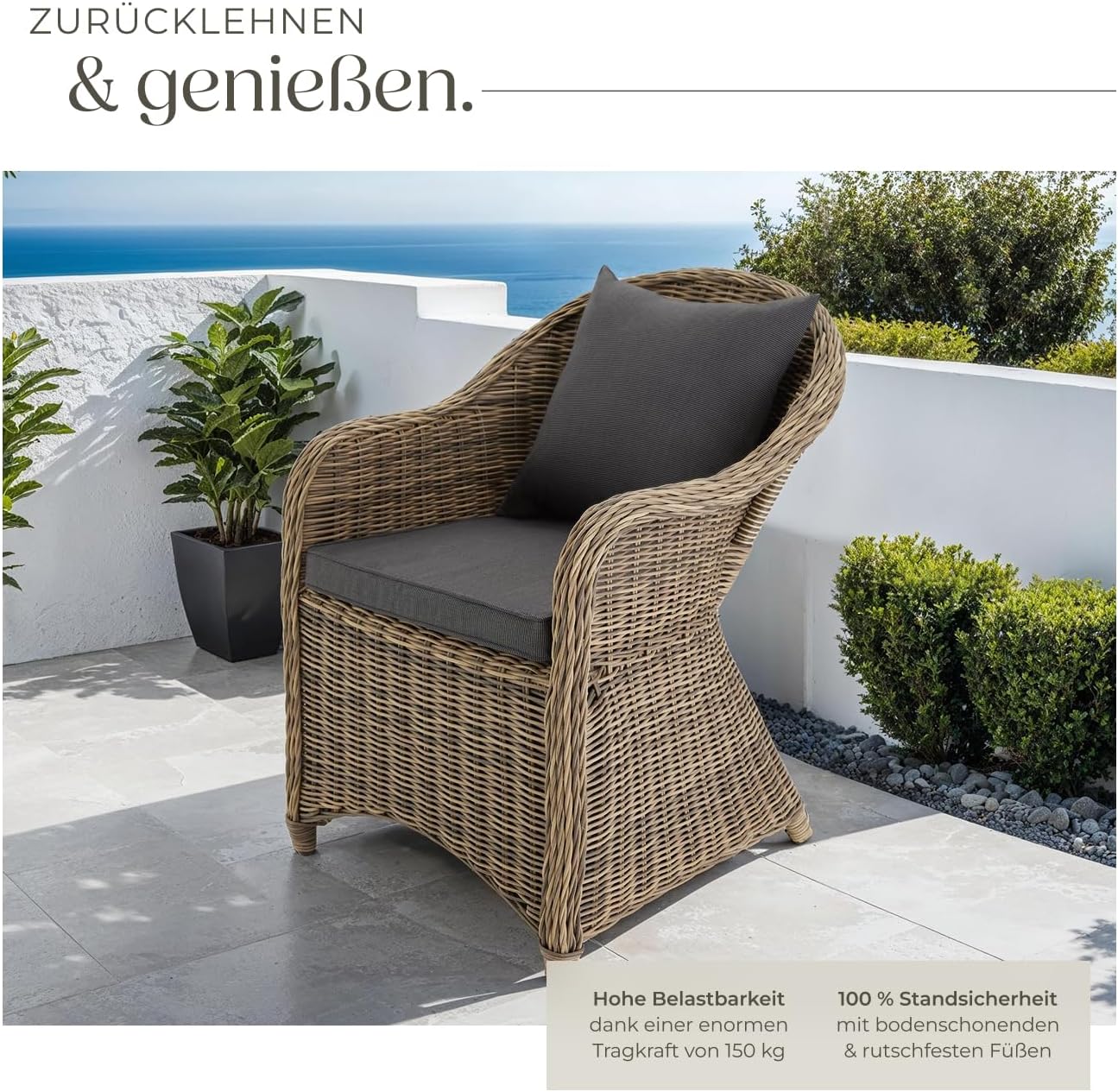 tectake® Rattan Stuhl, Garten Sessel, Outdoor Korbsessel mit Rücken- und Sitzkissen, Möbel wetterfest, Gartenmöbel, Balkonmöbel, Wintergarten - Natur