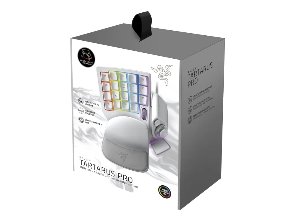 Razer Tartarus Pro - Tastatur - med 8-way directional thumbpad, scrollhjul, tastdefineringsindikator, hyperrespons-tommelknap, mellemrumsaktuator - bagbelyst - USB - tastkontakt: Razer Analog Optical Switches - kviksølvshvid