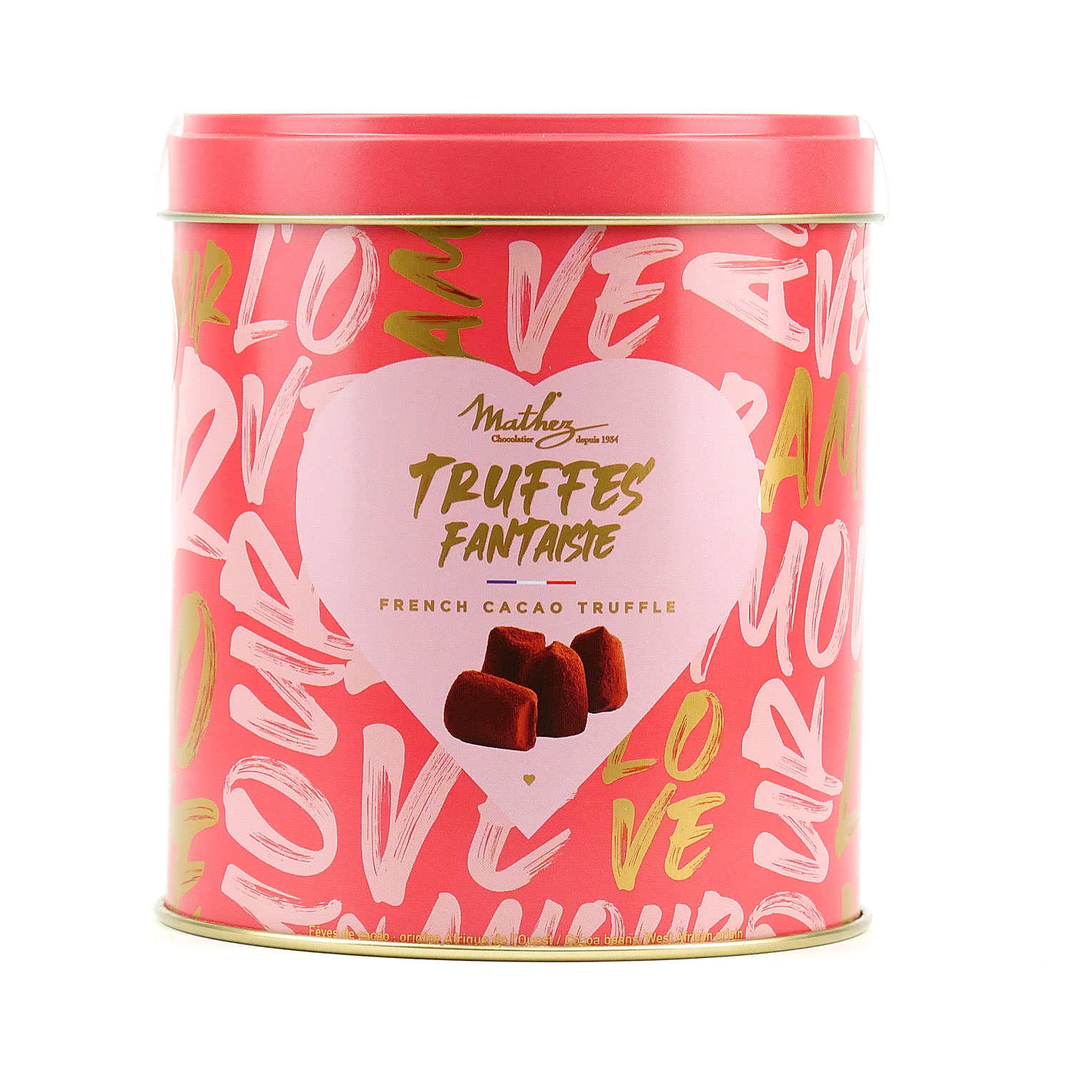 Truffes fantaisie aux brisures de macaron framboise en boîte métal Love