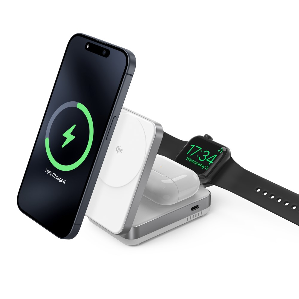 (15W) 3in1 Magnetisches Ladegerät Qi2 Wireless Charger Ladegerät Faltbare Ladestation für Apple iPhone / Apple Airpods / Apple Watch - Weiss