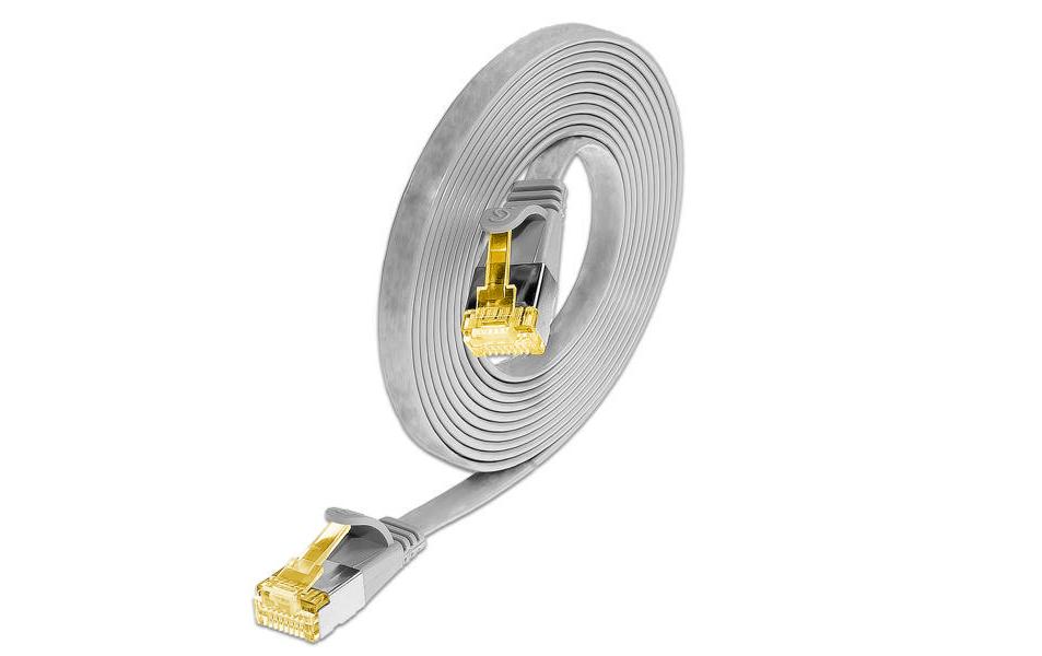 Slimpatchkabel Cat 6A, U/FTP, 0.1 m, GrauGeschirmtes Cat 6A flaches Twisted-Pair-Kabel (U/FTP) mit Klinkenschutz und vergoldeten RJ-45 Steckern