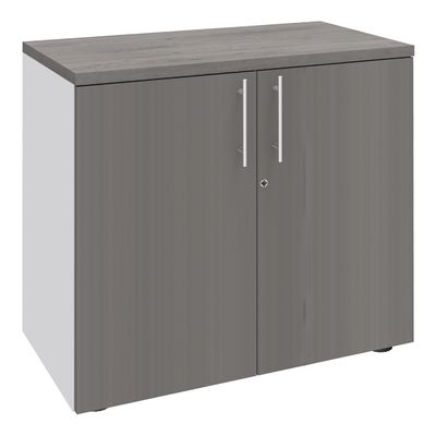 Armoire basse IRIS - H72 x L80 x P47 - 2 portes - Corps Blanc perle - Dessus et portes imitation Chêne gris