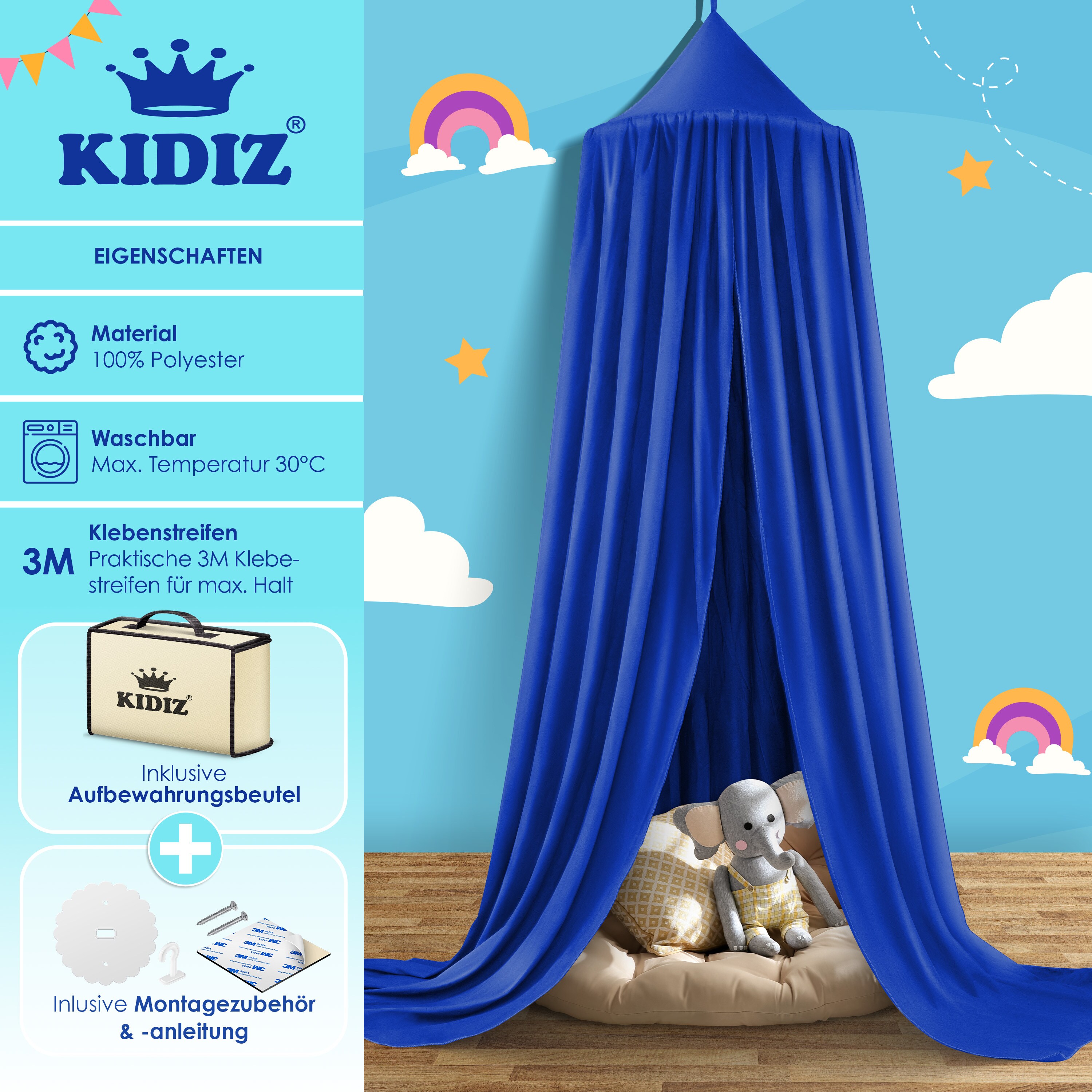 KIDIZ® Baldachin Kinderzimmer Betthimmel babybett für Schlafzimmer Inkl. Aufbewahrungstasche | ohne Bohren | Saumlänge ca. 270cm | Moskitonetz Insektenschutz Kinder Spielzelte
