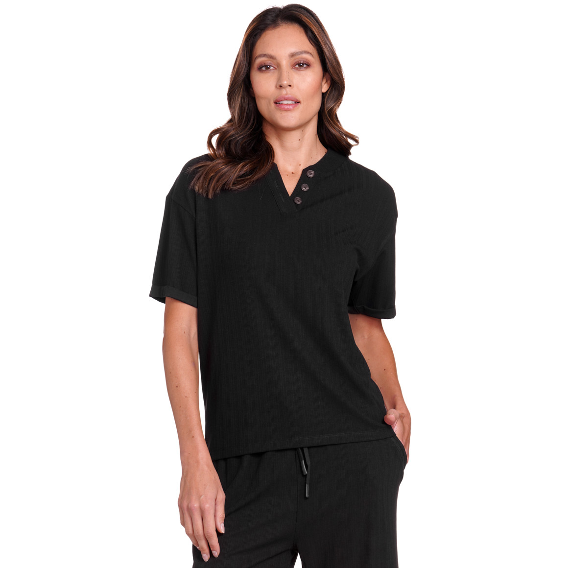 Gina Benotti Damen T-Shirt mit Rippstruktur schwarz