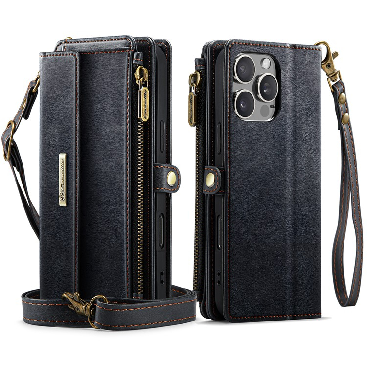 iPhone 13 Pro Necklace Leder Tasche Flip Wallet Etui mit Kartenfächern (RFID Schutz) - Schwarz