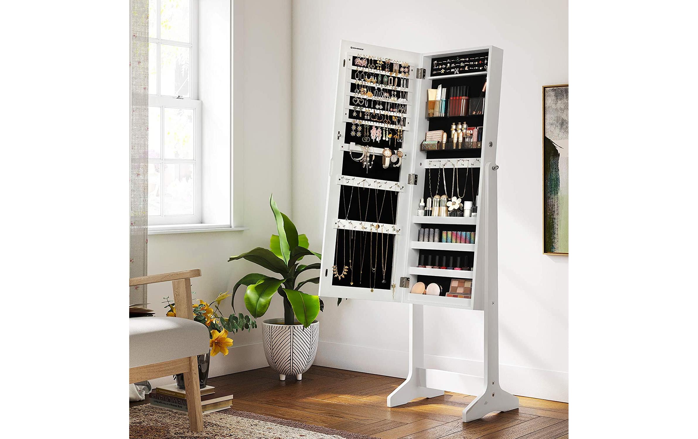 Schmuckhalter mit Spiegel 152 cm, Weiss<br>Schmuckschrank stehend