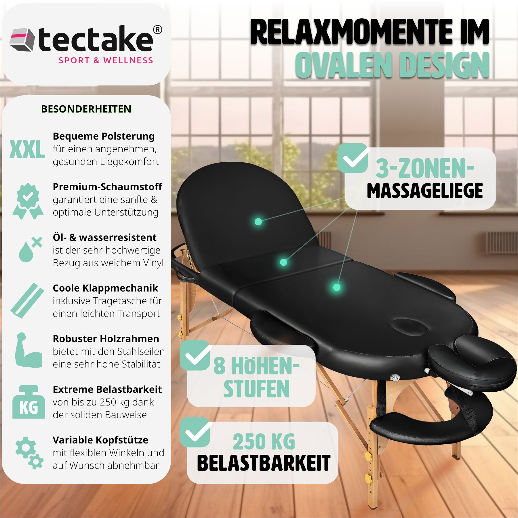 tectake® 3 Zonen Massageliege, oval, Polsterung 5 cm, mit Holzgestell, verstellbare Ablagen für Kopf und Arme, 230 x 104 x 62,5 - 85 cm