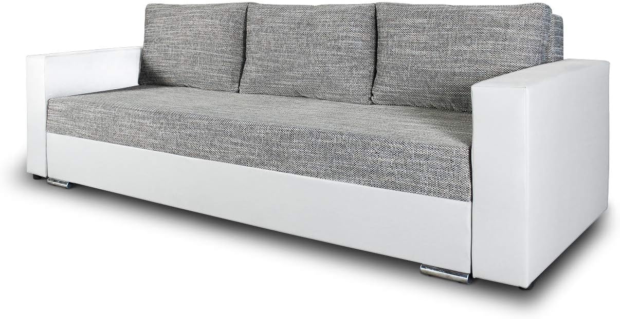 Schlafsofa Bird - Sofa mit Schlaffunktion und Bettkasten, Klappsofa, Schlafcouch mit Chromfüße, Couch, Couchgarnitur, Sofagarnitur (Weiß + Grau (Dolaro 511 + Berlin 01))