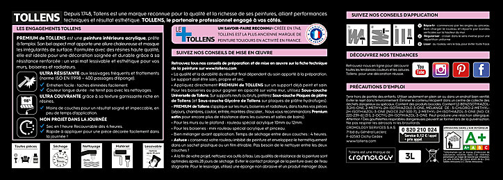 Peinture Tollens premium monocouche murs, plafonds et boiseries coton 2,5L +20% gratuit