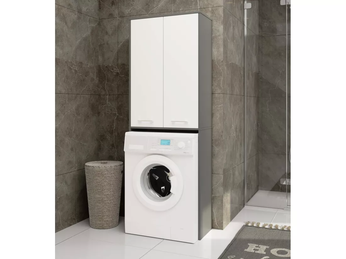 meuble machine a laver 2 portes 4 étagères 180x64x30 cm gris / blanc