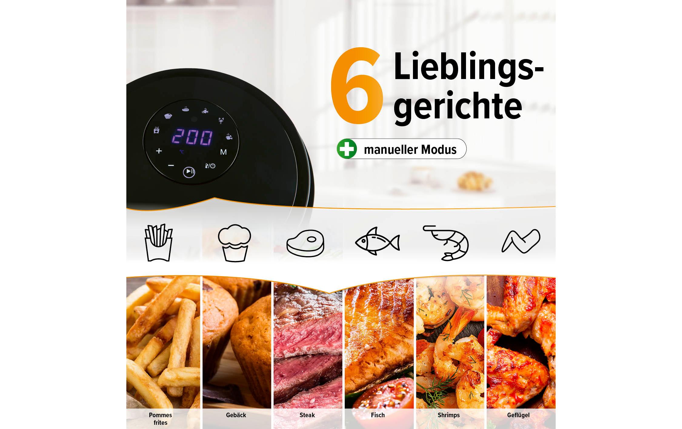 Heissluft-Fritteuse Digital 0.5 kg, SchwarzHeissluftofen, Grill und Fritteuse in einem Gerät