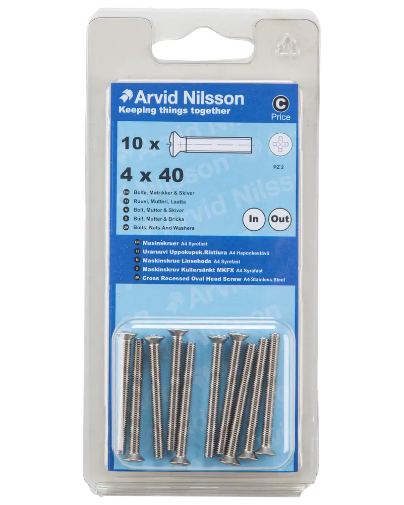 Arvid Nilsson Maskinskrue A4 LH M4 x 40 mm 10-pak