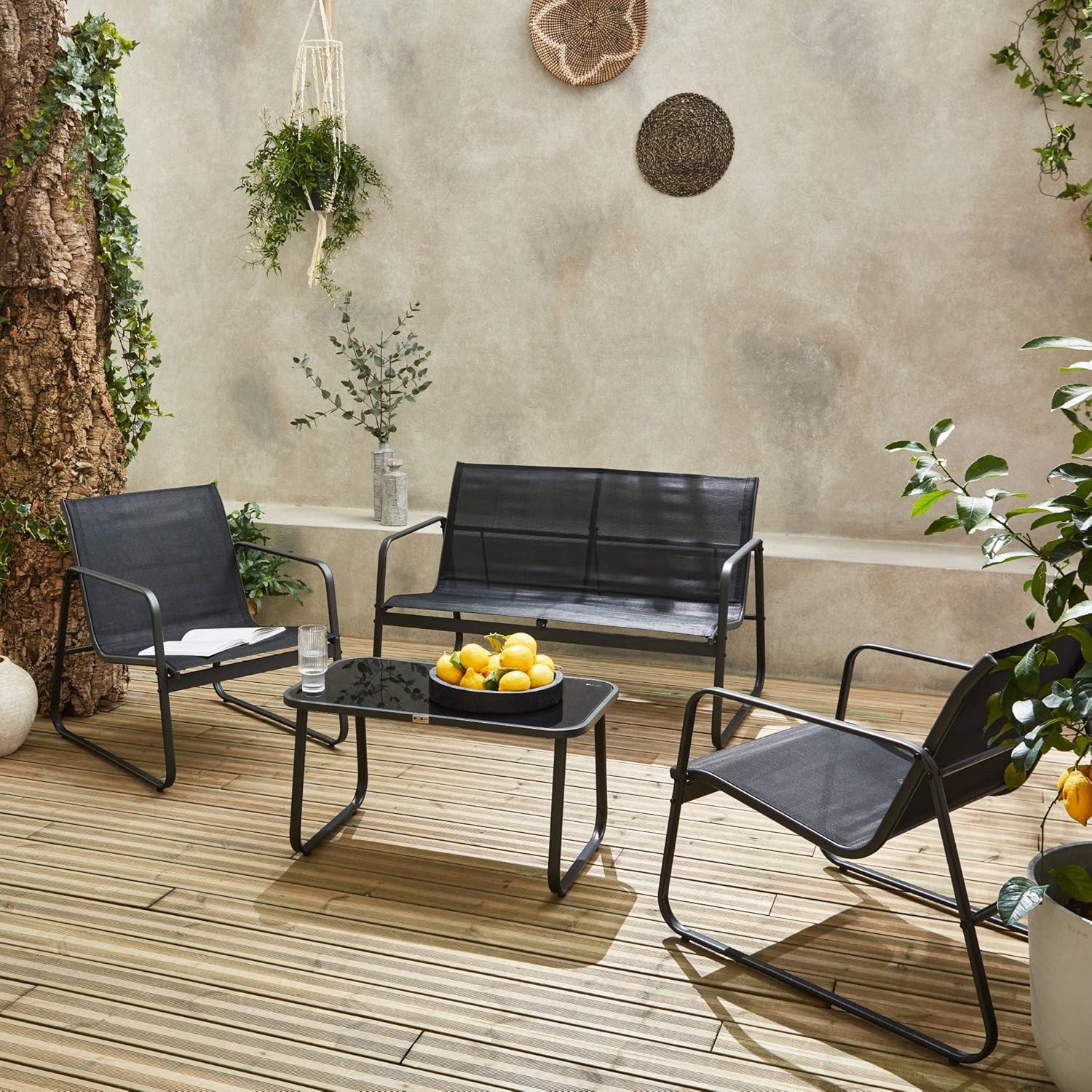 Alice's Garden Gartenmöbel-Set aus Metall und Textilene Silvi für 4 Personen, schwarz, Modernes Design