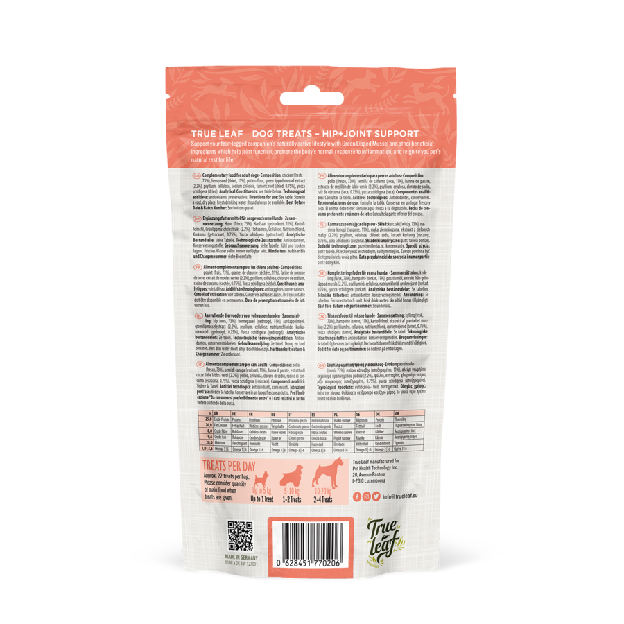Petisco True Hemp para Cães com Sabor de Frango para Auxílio nas Articulações e Quadris.