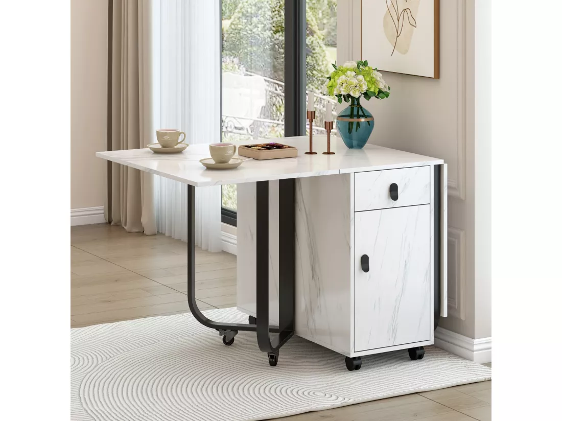 Table à manger extensible et pliable, avec roulettes, 1 porte et 1 tiroir, MDF laqué blanc, 150x80x76cm