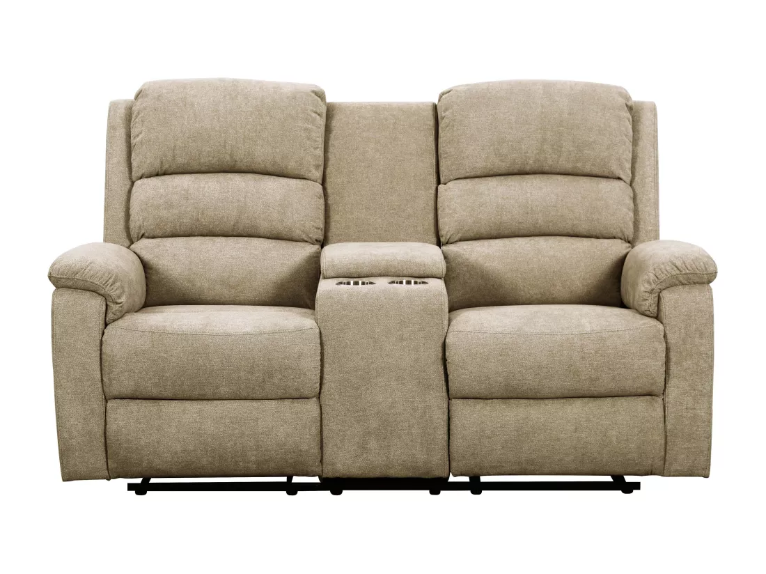 Canapé 2 places relax électrique en tissu taupe avec tablette NEVERS