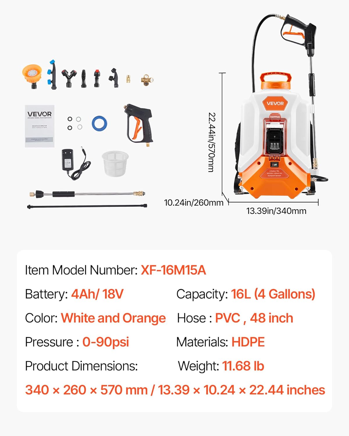 VEVOR Akku-Drucksprüher, 16 L elektrisches Sprühgerät, 2 Stäbe & 8 Düsen, einstellbar 0–6 bar, 4 Stunden Laufzeit, tragbare Rucksacksprühgerät für Hof & Garten zum Jäten, Sprühen und Reinigen