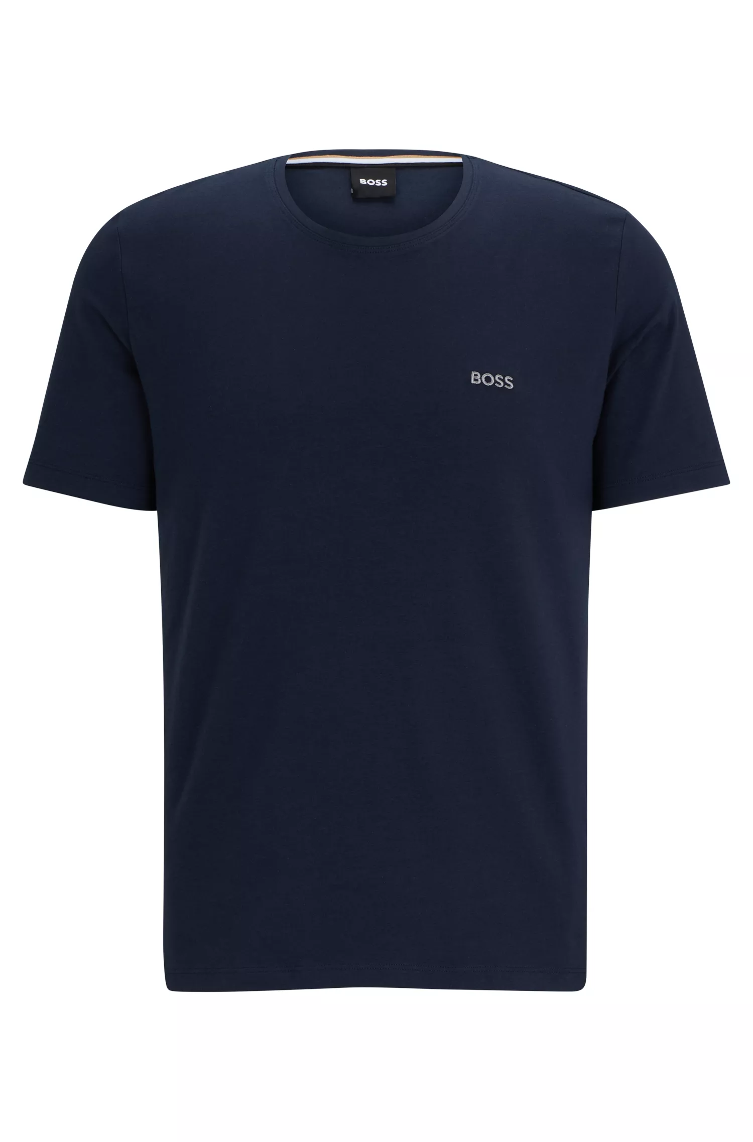 Camiseta BOSS preta de algodão stretch com modelagem regular e logotipo contrastante.