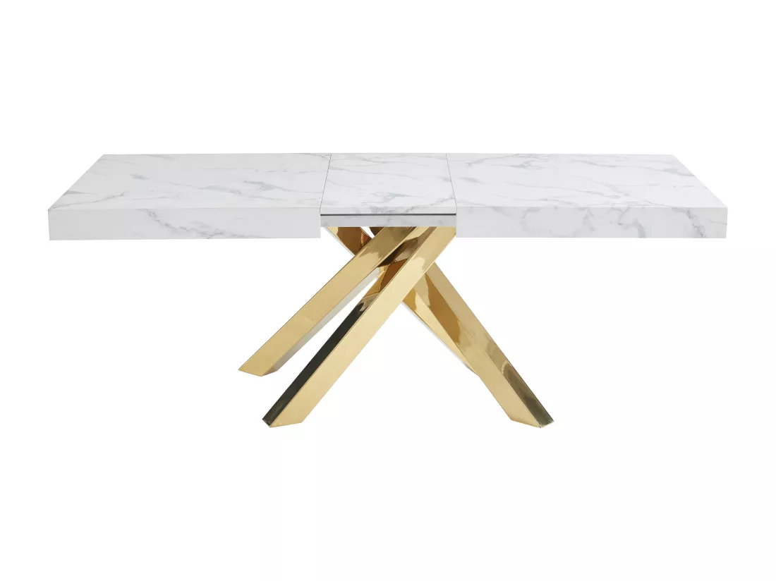 Table à manger extensible 6 à 10 personnes en MDF et métal - Effet marbre blanc et doré - CATONAV