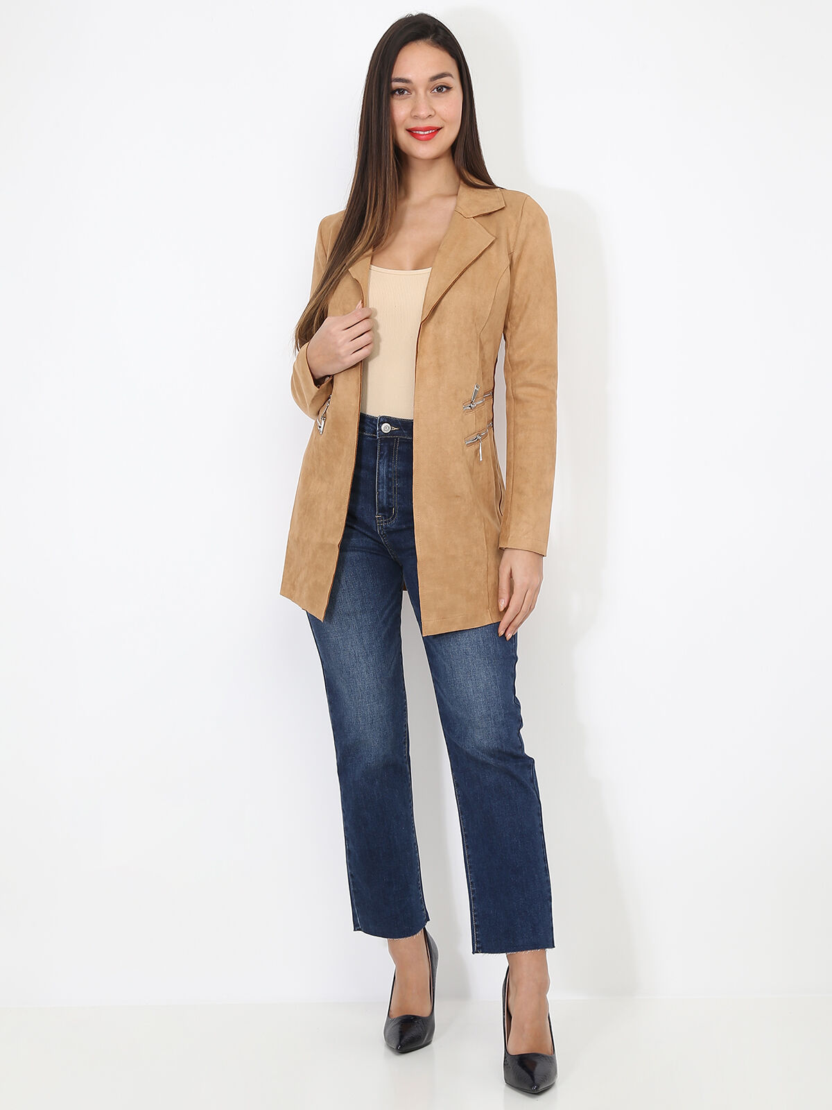 Veste longue en suédine à zips- Camel