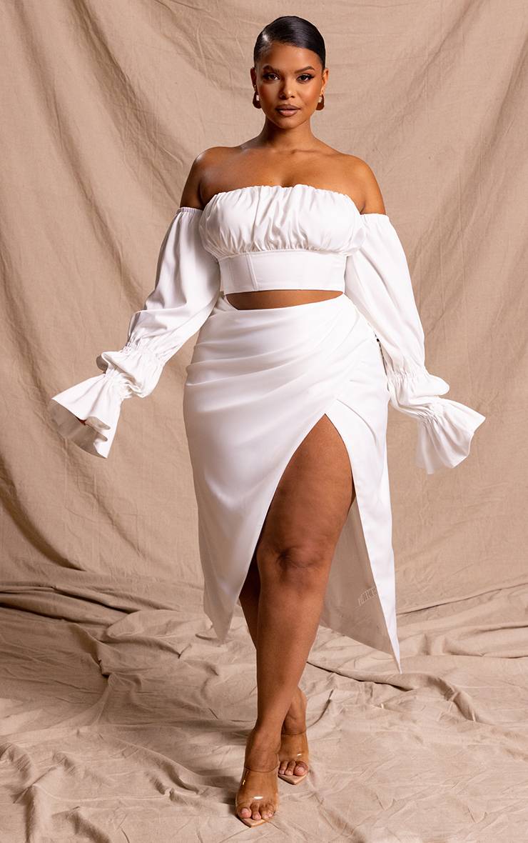Blanc Jupe Midi Drapée En Satin De La Collection Plus