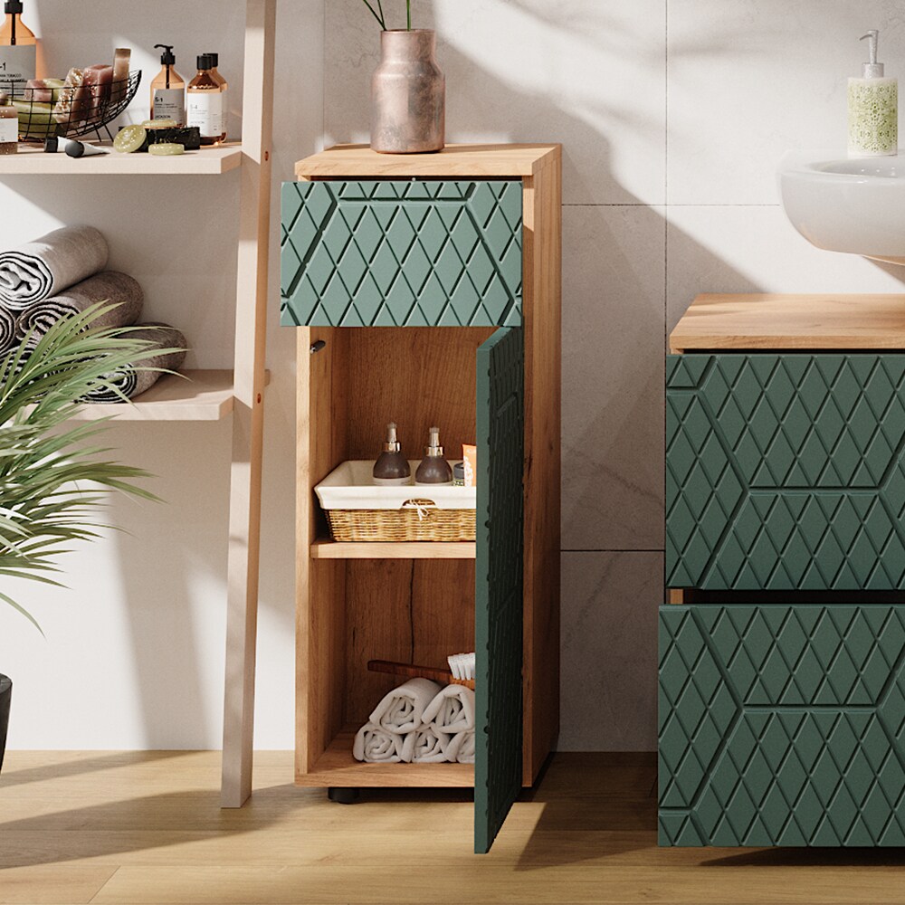 Vicco Midischrank Irma Eiche Grün 30 x 81 cm 1 Schublade 2 Fächer Badezimmer