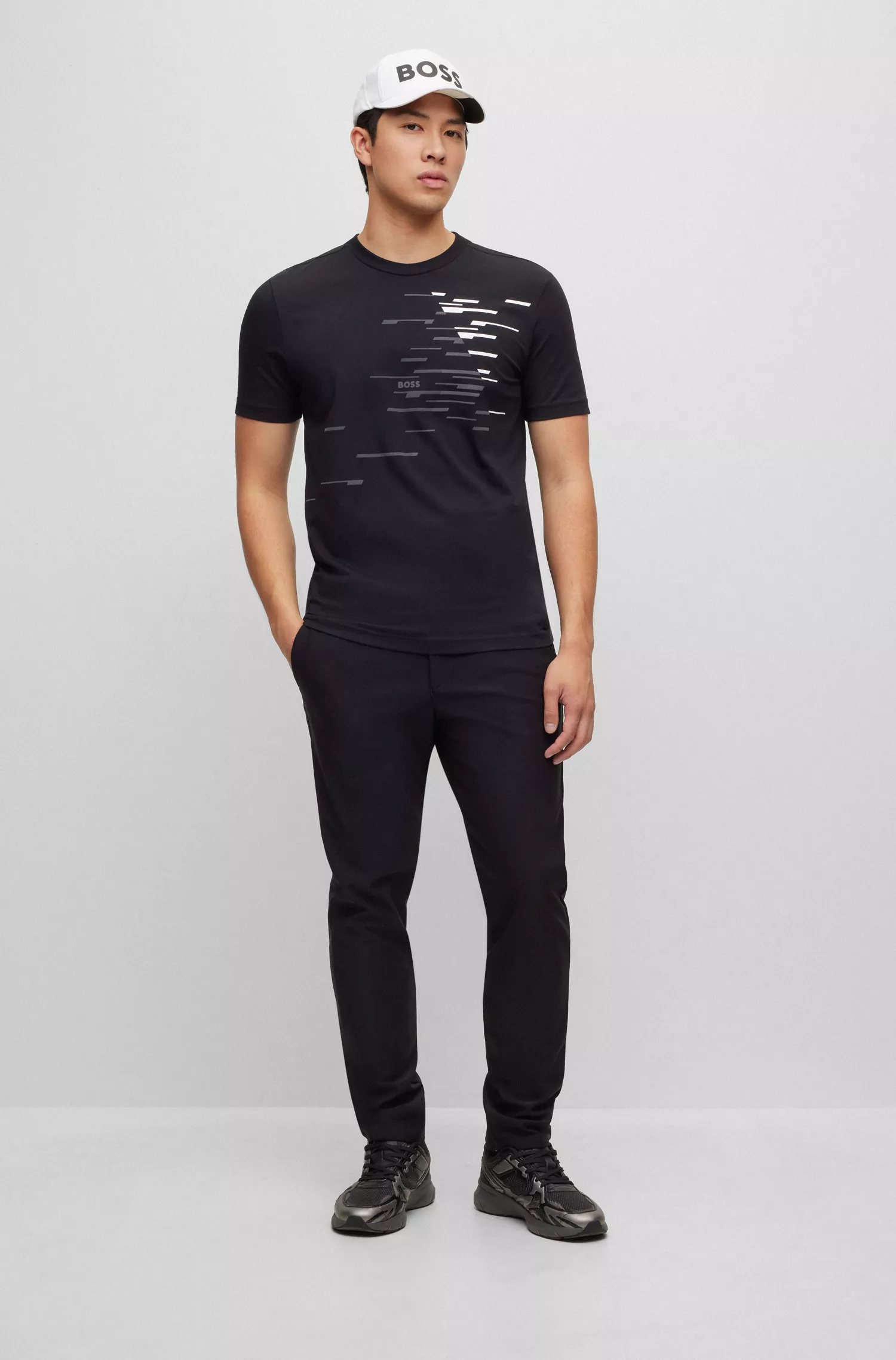 Camiseta BOSS verde de gola redonda em algodão elástico com estampa do logotipo.