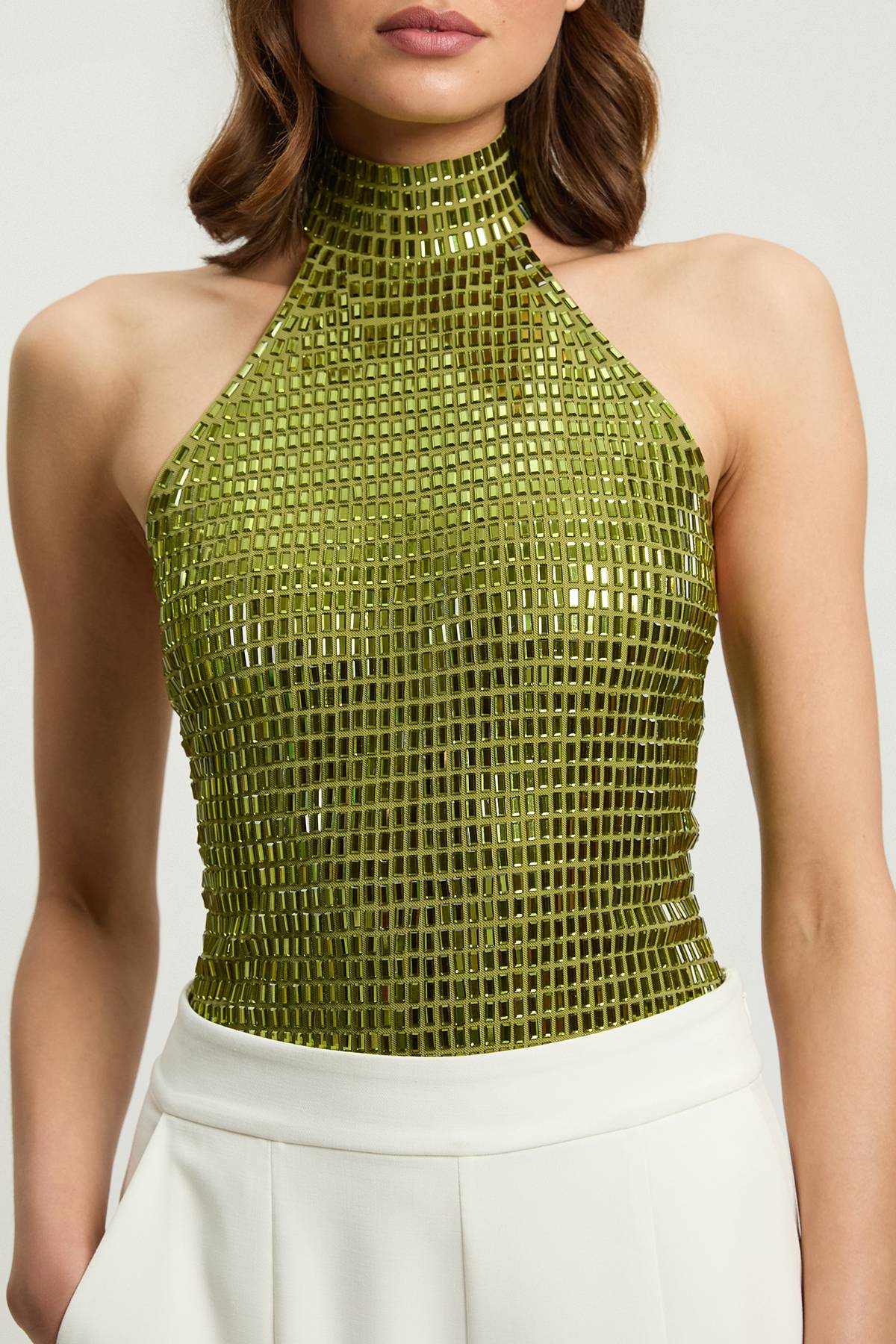 KarenMillen Premium Crystal Embellished Jersey Halter Top