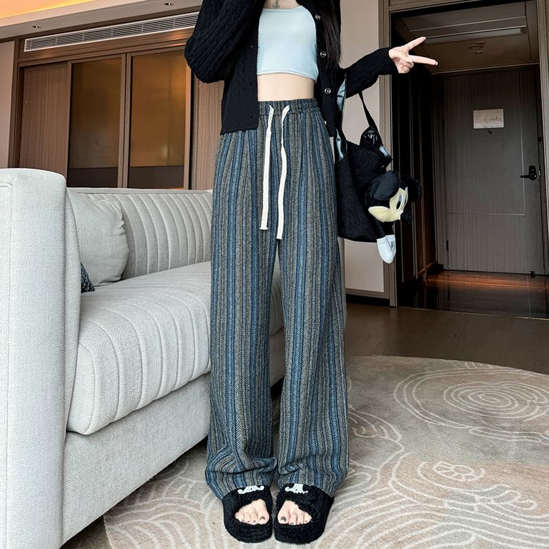 evanesce - Herringbone High Rise Drawstring Knit Wide Leg Pants
