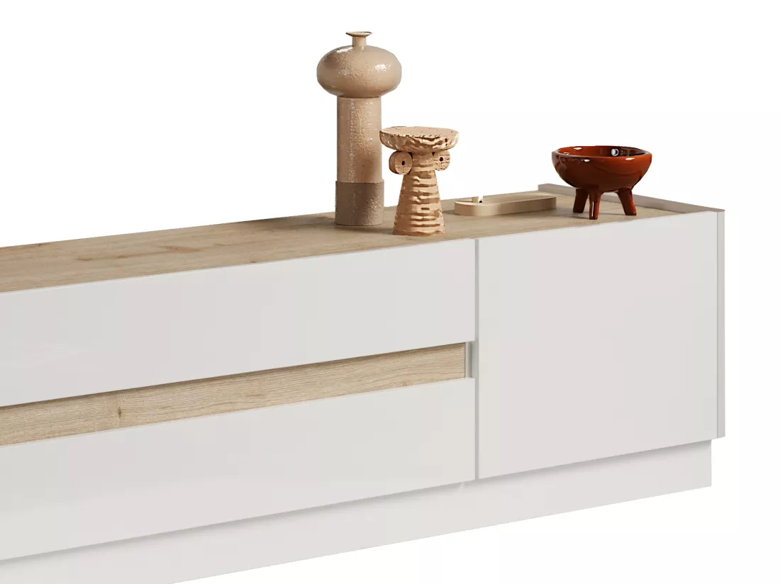 Meuble TV avec 2 portes et 2 tiroirs - Blanc laqué et Naturel - EMORA
