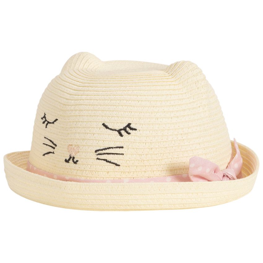 Chapeau effet paille tressée en forme de chat pour bébé fille - Ecru