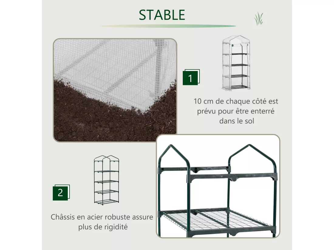 Serre de jardin balcon étagère serre 4 niveaux 0,7L x 0,5l x 1,6H m acier galvanisé bâche amovible PE haute densité blanc