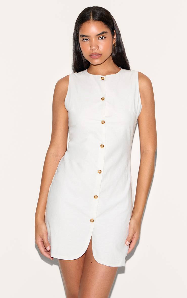 Blanc Robe Moulante Tall Boutonnée Aspect Lin