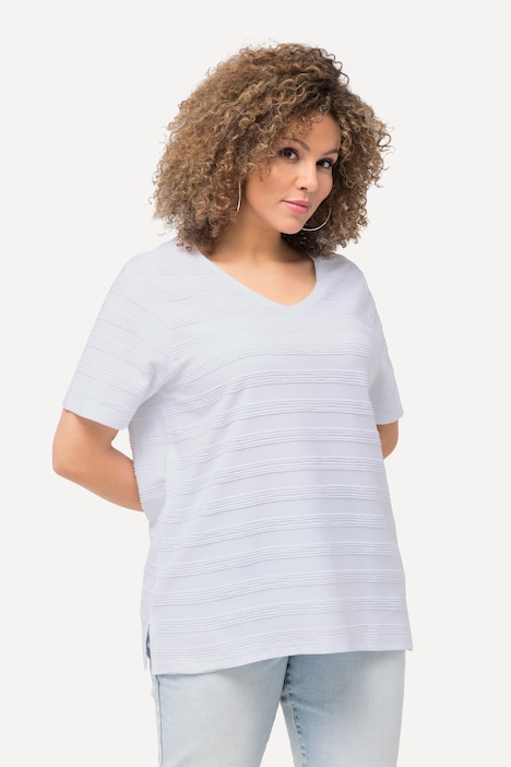 T-Shirt, Strukturstreifen, V-Ausschnitt, Halbarm
