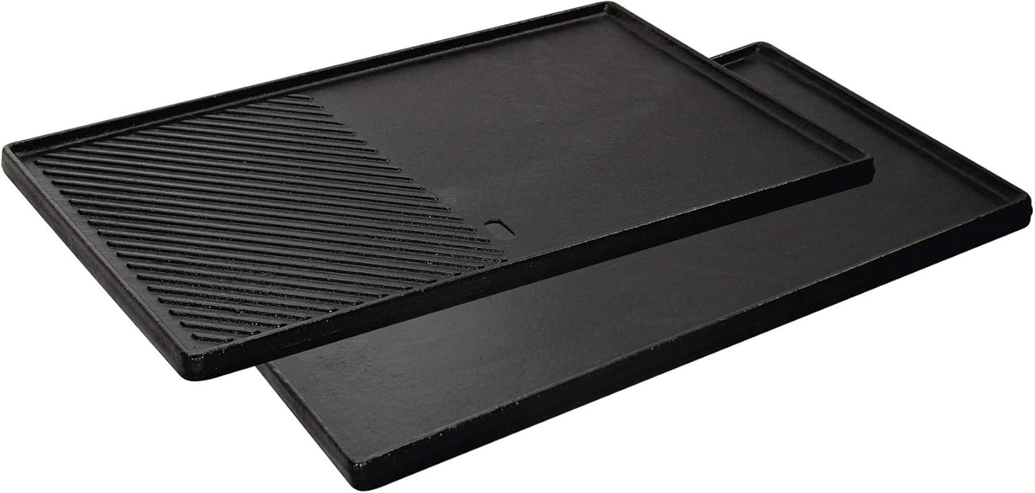 Enders Grillspieß Pro, edelstahlfarben & GUSS-WENDEPLATTE 1/2 7893 Boston 4, Monroe PRO 4, 43cm x 32cm, Grillplatte, gerippt und glatt, beidseitig nutzbar, Gasgrill BBQ, Grill-Zubehör, Schwarz/Grau