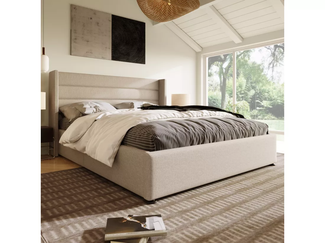 Lit coffre Lit de rangement - 180x200 cm en Lin Blanc cassé - Sweiko
