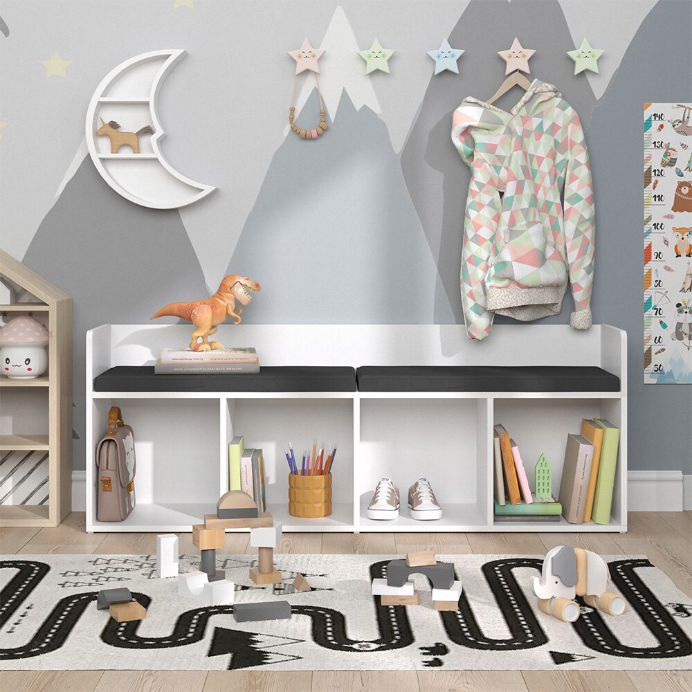 Vicco Sitzbank Kinderzimmerbank Kinderregal Luigi Weiß 142x53 cm modern Kinderzimmer Regal Aufbewahrungsregal Bücherregal Lesebank Spielzeugaufbewahrung Organizer Regal-Bank-Kombi 4 Fächer