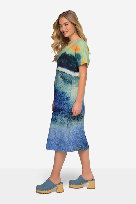 Leinenmix-Kleid, A-Line, Landschafts-Print, Rundhals, Halbarm