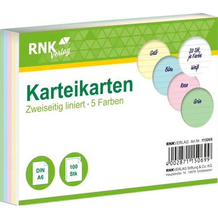 RNK Verlag 100 Karteikarten DIN A6 farbig sortiert liniert