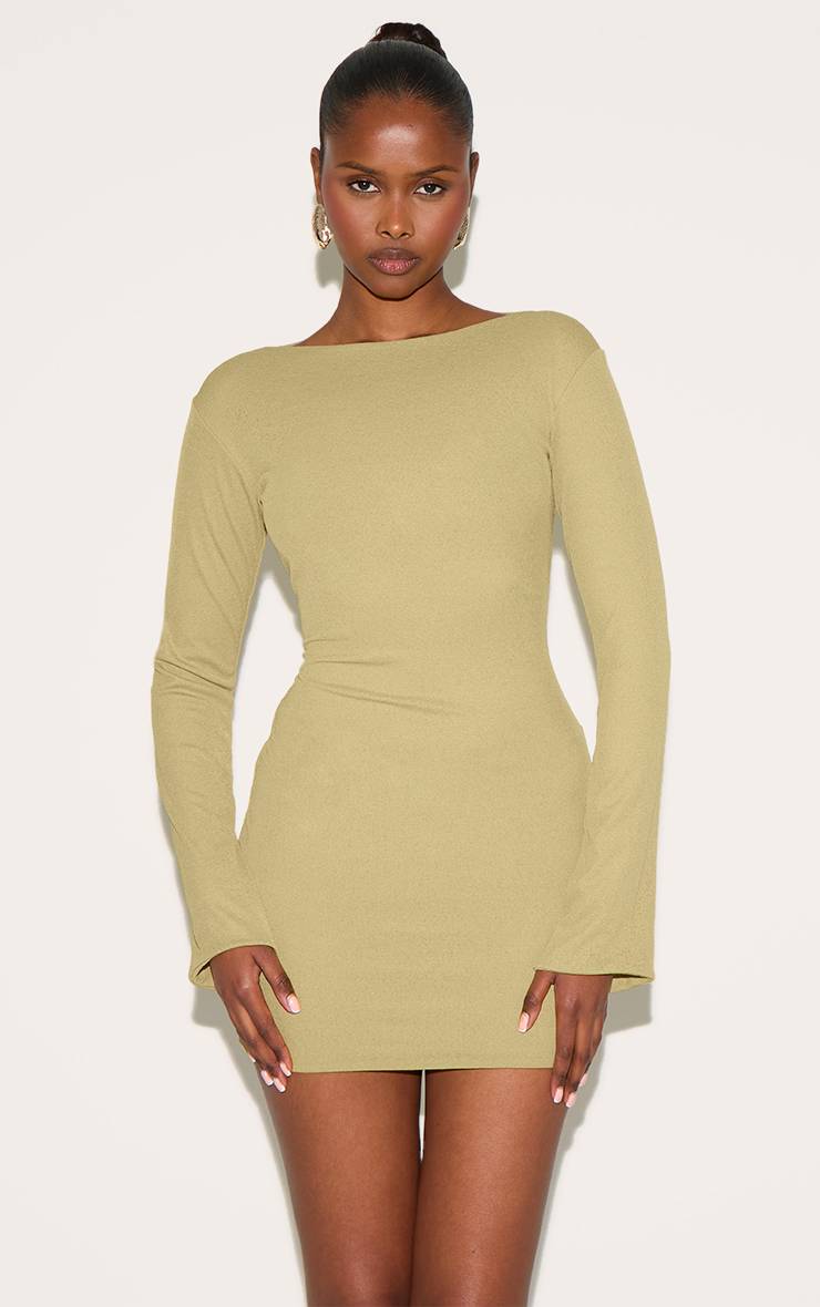 Vert Olive Robe Mini Col Bateau Manches Évasées En Peau D'oignon