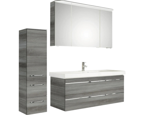 Pelipal Sunline 108 badkamermeubelset, BxHxD 153 x 200 x 50,8 cm, grafiet getextureerde fronten, 4-delige badkamermeubelset met wastafel en badmeubel van wit mineraalmarmer, spiegelkast met LED-verlichting, wandkast