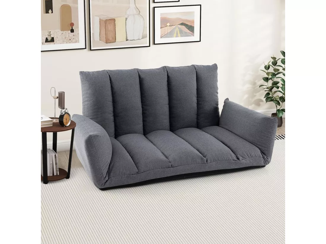 Canapé au Sol Pliable et Inclinable, Siège Rembourré avec Dossier et Accoudoirs Réglables à 5 Positions, Canapé Convertible, Cadre en Métal Robuste, pour Salon de Jeu, Chambre, Gris