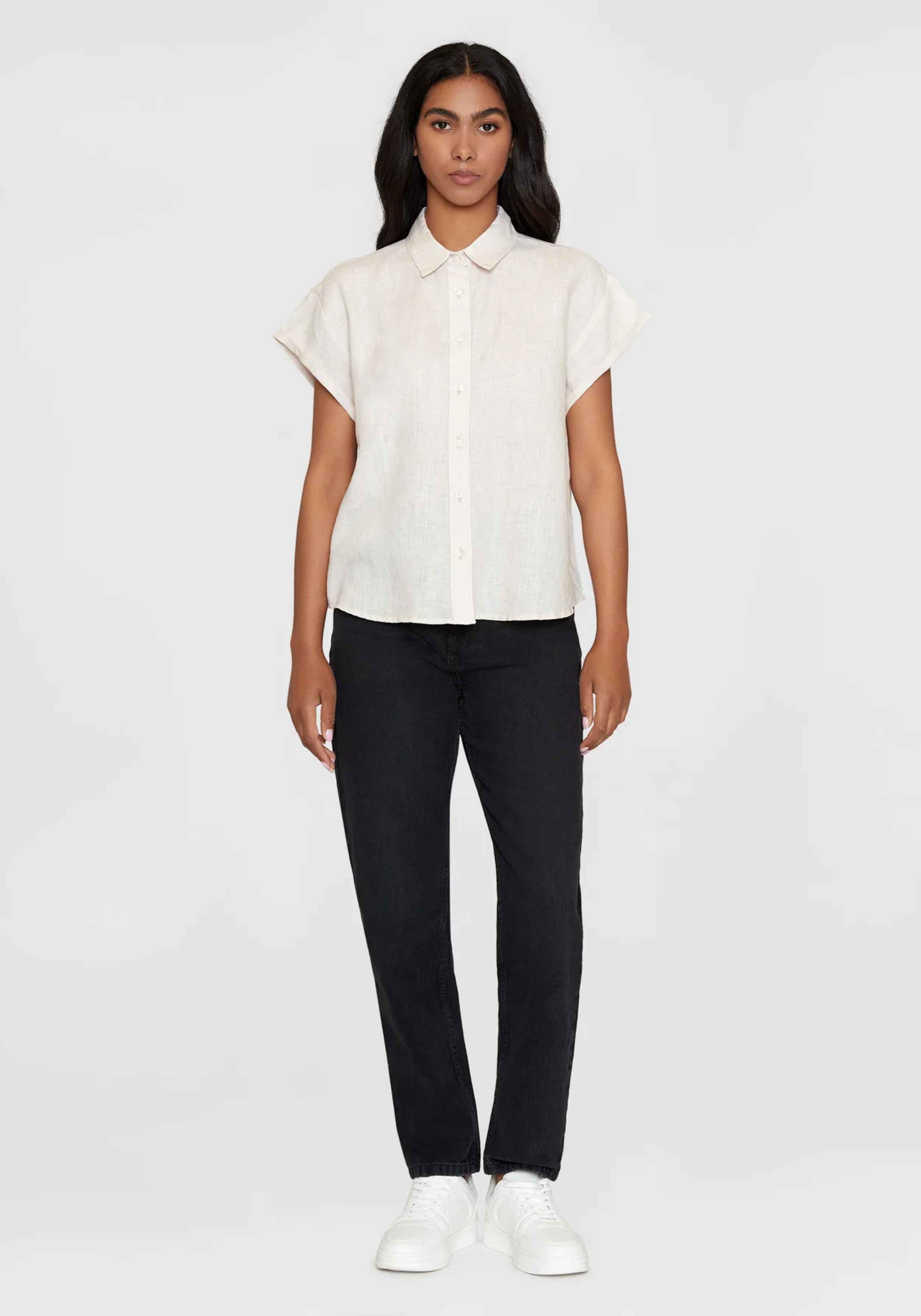 Knowledge Cotton Apparel Hemdbluse Aster Fold Up SS Linen Shirt Light Feather Gray