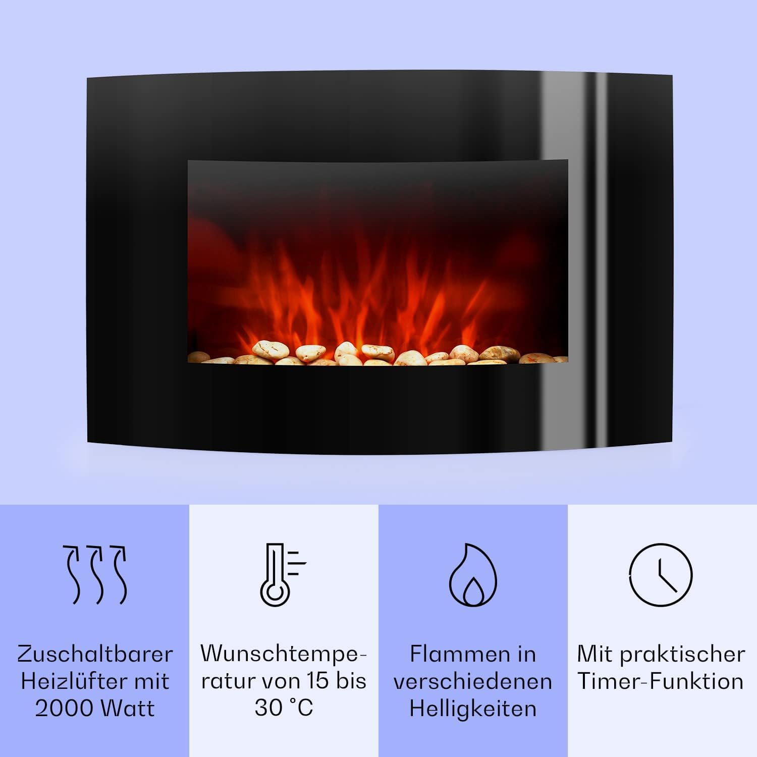 Klarstein Lausanne Elektrokamin - Kamin elektrisch, Elektro Kamin mit Flammensimulation, LED, geräuscharm, Dimm-Funktion, Fernbedienung, Wandmontage, 1000/2000 W Leistung, horizontal, schwarz