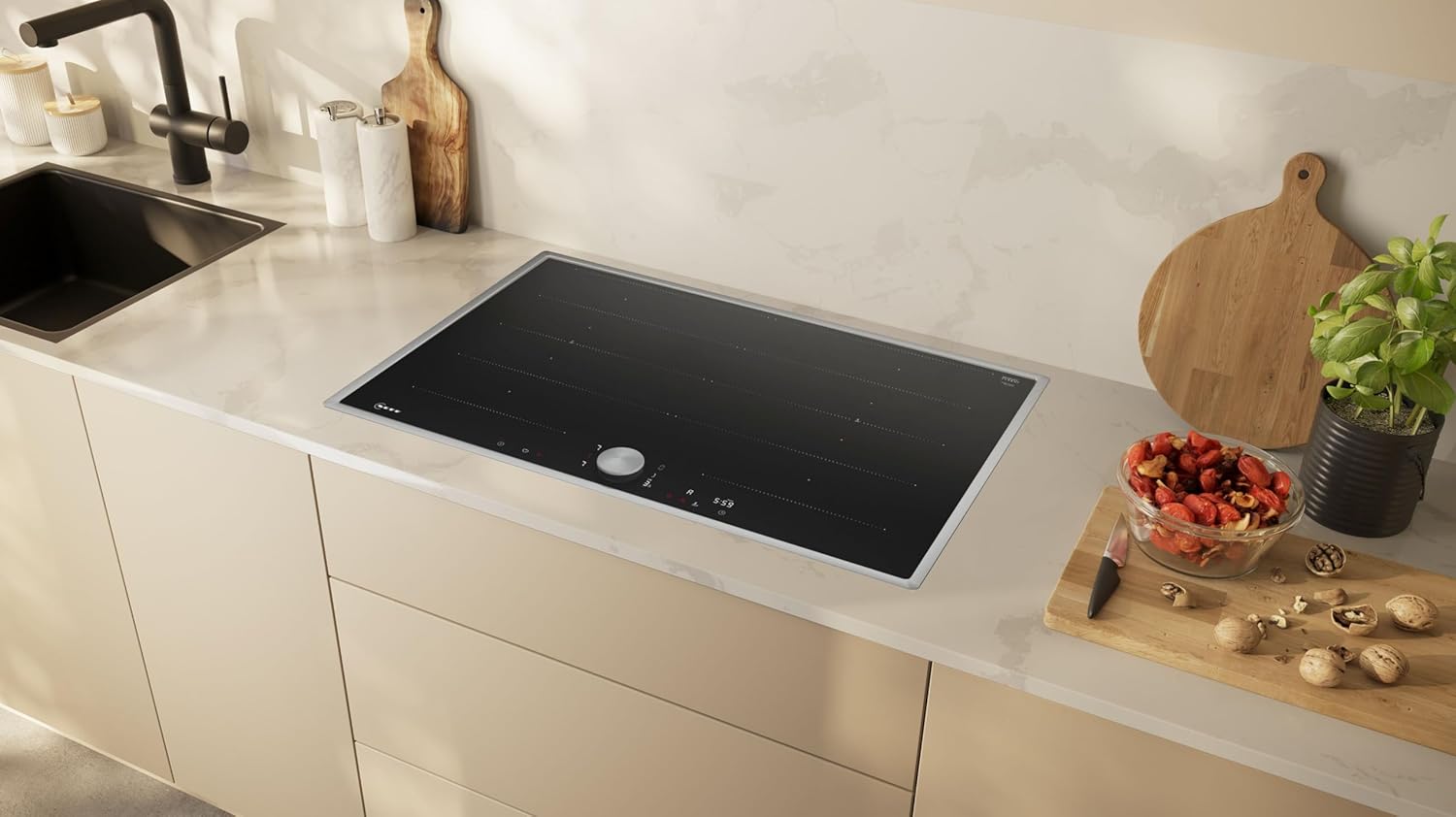 NEFF T68STY4L0, N 90, Induktionskochfeld, autarkes Glaskeramik-Kochfeld 80 cm breit, Twist Pad, Flex Induction, Home Connect, Smart Hood Automatic, aufliegend, Schwarz