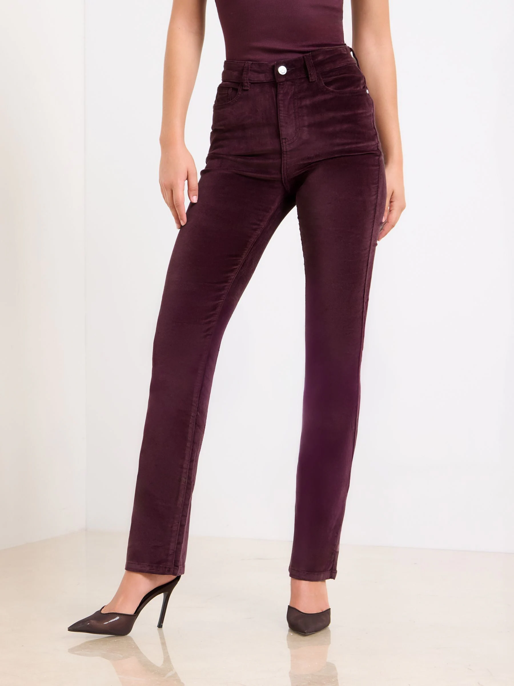 Bordeauxrood fluweel - Lipsy jeans met hoge taille en rechte pijpen