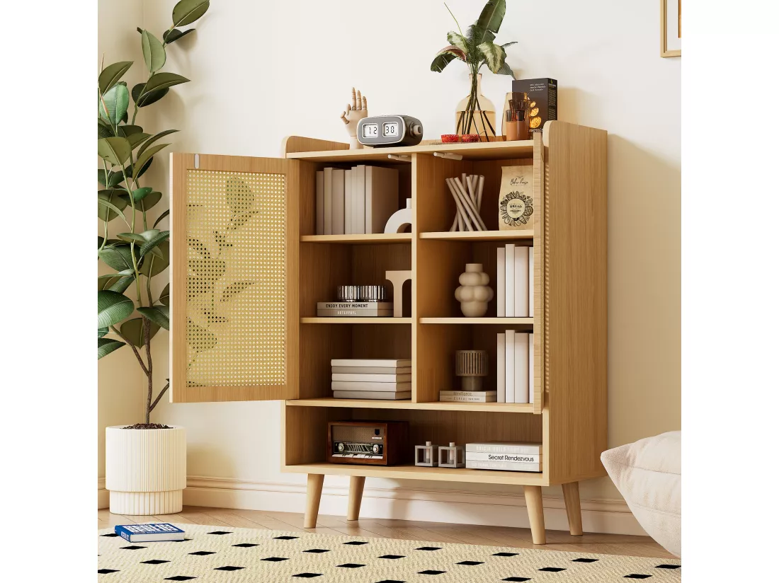 Meuble à chaussures en rotin naturel - 2 portes et 5 étagères - bois massif - chêne