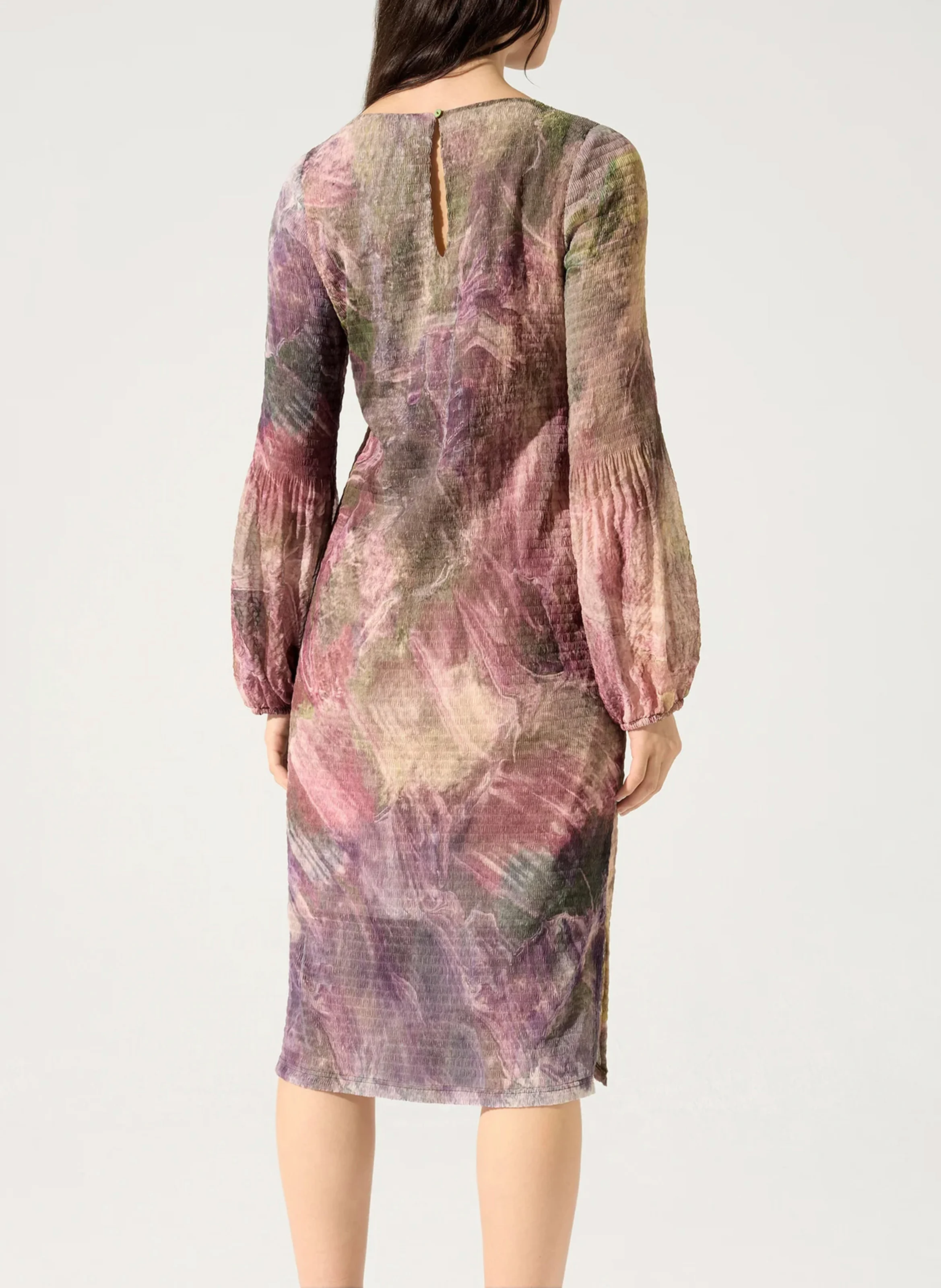 Robe midi col rond fendue à imprimé| Rose