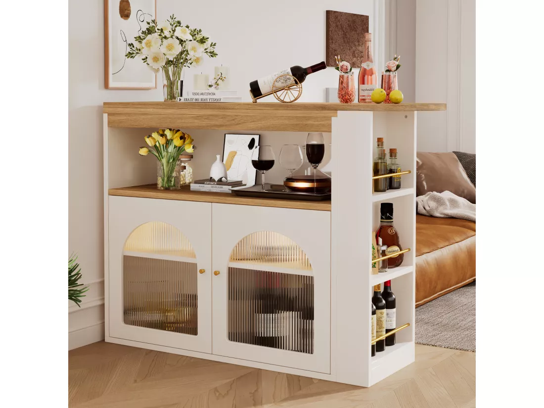 Meuble de bar pivotant - 2 portes, 3 étagères de rangement & niche - MDF plateau effet bois - LEDs - Naturel et blanc